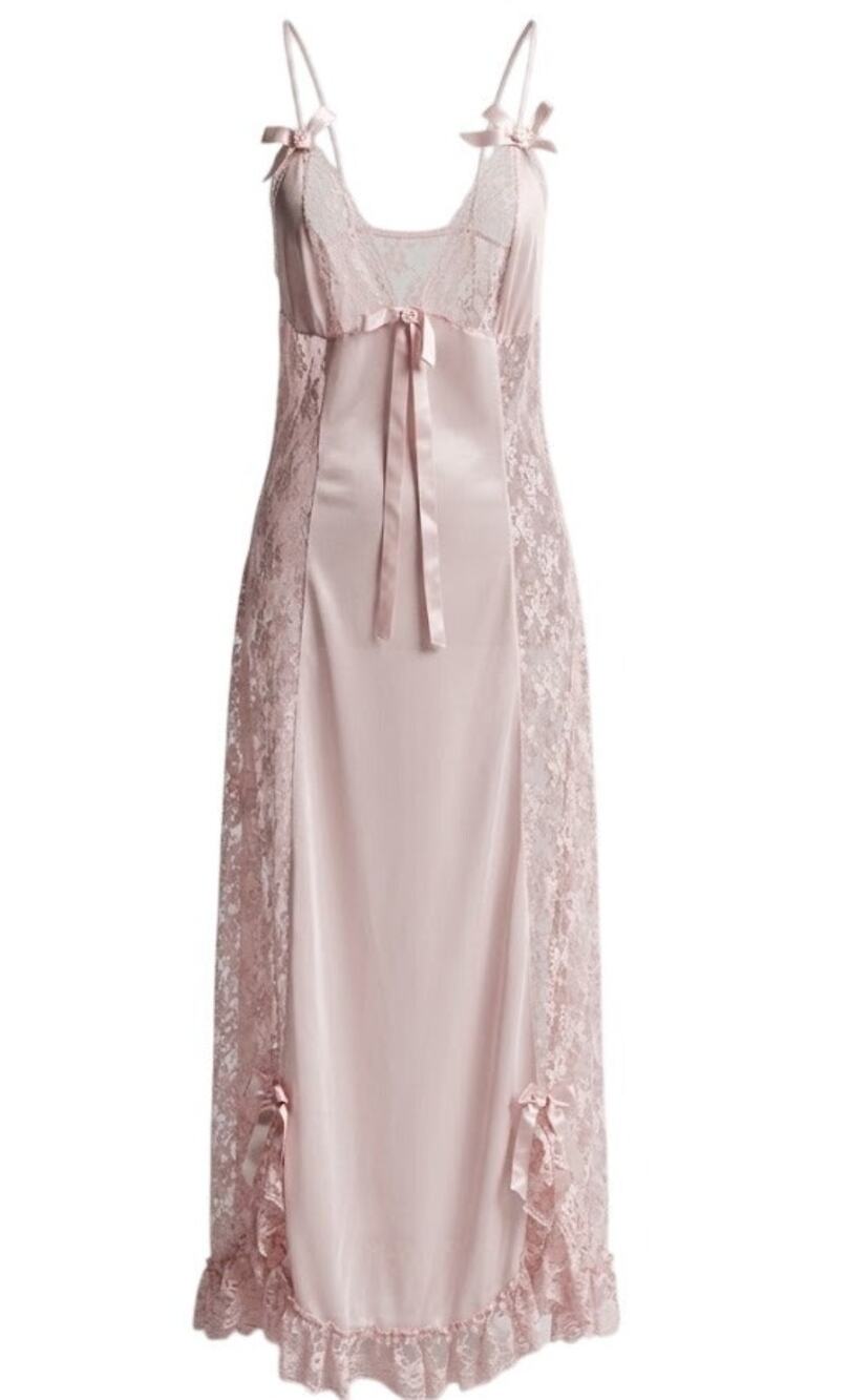 Pink Satin Lace Maxi Nightgown Floral Rosette 58 S Vintage